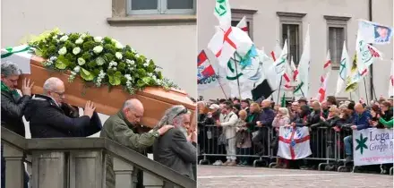 Funerali di Bossi, cori all&rsquo;uscita del feretro: &ldquo;Bruciamo il tricolore&rdquo;. Giorgetti costretto a intervenire: &ldquo;Per cortesia&hellip;&rdquo;