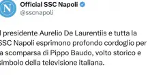 Anche il Napoli saluta Pippo Baudo, il messaggio di De Laurentiis