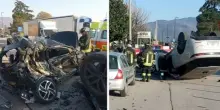 Auto piomba contro due vetture parcheggiate a Vicenza, strage sfiorata: un suv finisce capovolto, distrutta un'utilitaria