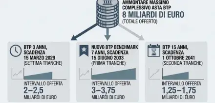 Btp, in asta titoli di Stato a 3, 7 e 15 anni: il collocamento del Mef per massimi 8 miliardi