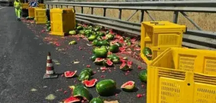 Autostrada sommersa dalle angurie dopo un incidente sulla Salerno-Reggio Calabria. E c'&egrave; chi ne approfitta per rubarle