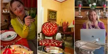 Monica Setta, la casa elegante nel cuore di Roma: il living aristocratico, gli arredi e le tende rosse, il tavolo in vetro, la sala dell'argenteria
