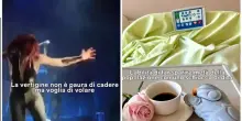 Noemi ironizza sulla caduta e cita Jovanotti: &laquo;La vertigine non &egrave; paura di cadere ma voglia di volare&raquo;. I meme tra Thanos, struzzi e pinguini