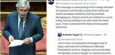 Ceuta, Tajani: &laquo;Favorevole alla chiusura dello spazio Schengen con la Spagna&raquo;. Madrid convoca l'ambasciatore