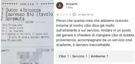 &laquo;Brucia le uova e sputaci dentro, questa ha rotto il ca**o&raquo;: il cameriere lascia sullo scontrino gli insulti ai clienti