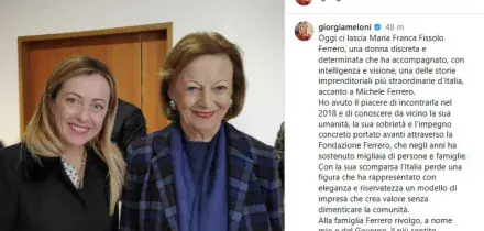 Meloni, Maria Ferrero discreta e determinata, l'Italia perde un modello