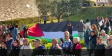 Bandiere della Palestina sul prato davanti alla Basilica di Assisi