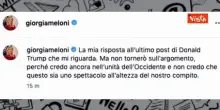 Meloni a Trump: Attacchi insensati e immotivati. Mia popolarit&agrave; non la riguarda, pensi alla sua