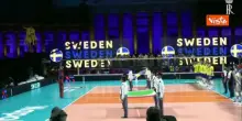 La Fanfara dei Bersaglieri suona l'Inno d'Italia alla partita inaugurale di Eurovolley a Napoli