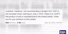 La minaccia di Trump di dazi all'Ue dal primo giugno fa tremare i mercati