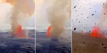 Kilauea, un &ldquo;volnado&rdquo; si forma durante l&rsquo;eruzione: il vortice di tefra colpisce la telecamera