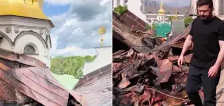 Zelensky tra le macerie del monastero colpito: "Droni russi sulla Lavra"