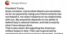 Trump: "Giorgia Meloni vuole tornare amica perch&eacute; &egrave; in calo popolarit&agrave;. Lei: "Pensi alla sua"