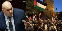 Studenti in rivolta: manifesto di Crosetto in fiamme durante il corteo pro-Palestina