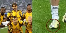 Acerbi in campo con lo scarpino bucato in finale di Champions, lo stesso del gol al Barcellona in semifinale