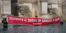Greenpeace, uno striscione rosso sangue per Gaza nella fontana del Gianicolo