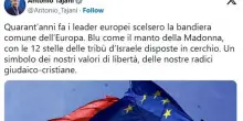 Tajani e la bandiera Ue “ispirata alla Madonna”, ironia sui social. Lo storico: “Ricostruzione di parte”