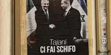 Viterbo, poster dei Giovani dem contro Tajani che stringe la mano a Netanyahu: “Ci fai schifo”